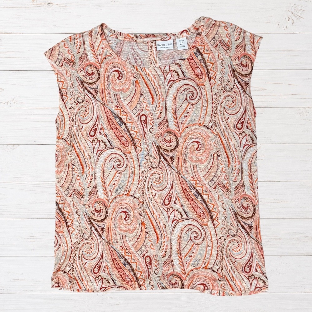 Rachel Zoe 100% Linen Paisley Blouse Medium Coral‎ Rust Cap Sleeve Boho